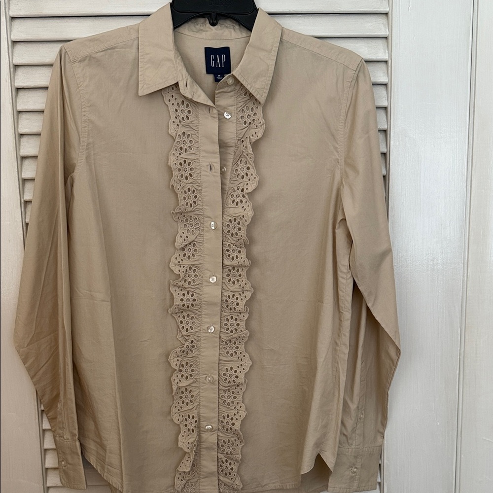GAP Women’s Beige Long Sleeve Shirt with Eyelet Ruffle Detail